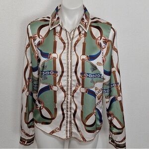 Her Bottari Sage Green Multicolor Western Chain Rope Button Down Blouse Size M